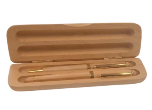 Imperial Wooden Laight Brown Gold Trim 2 Ball Pens With Handmade Wooden Box Gift Set IMP310R - CLEARANCE MIGHT NEEDS RE-REFILL