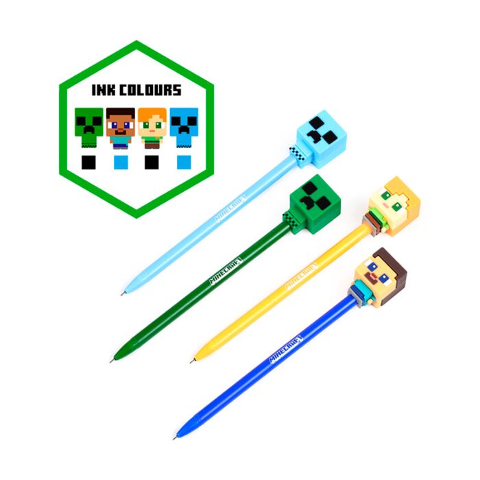 Puckator Set of 4 Erasable Pens with Minecraft Chibi Style Silicone Topper