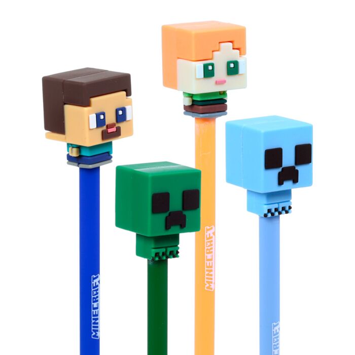 Puckator Set of 4 Erasable Pens with Minecraft Chibi Style Silicone Topper