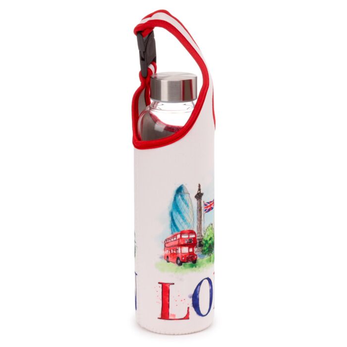 Puckator London Tour Glass Water Bottle with Protective Sleeve
