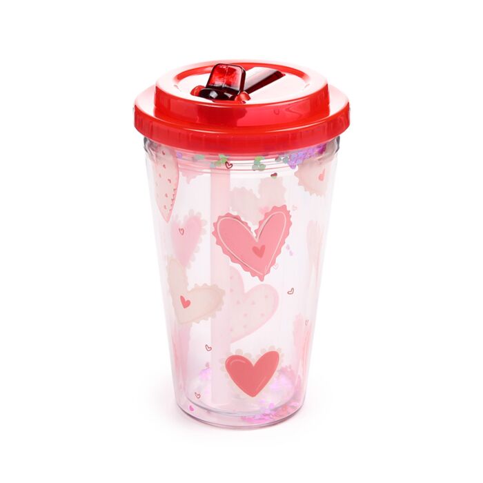Puckator Shatterproof Amore Hearts Double Walled Cup & Straw
