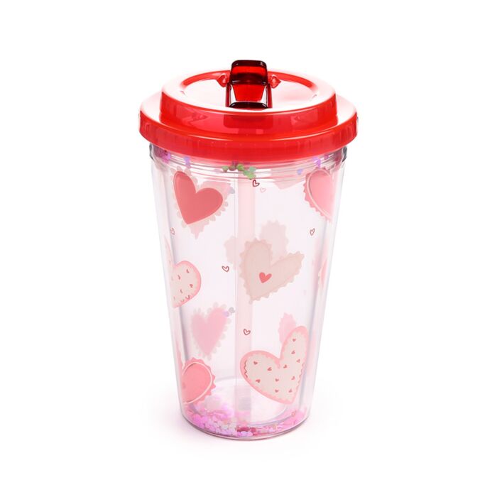 Puckator Shatterproof Amore Hearts Double Walled Cup & Straw