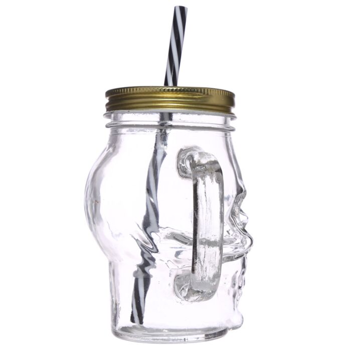 Puckator Glass Skull Drinking Jar with Metal Lid & Stripy Straw
