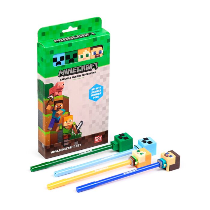 Puckator Set of 4 Erasable Pens with Minecraft Chibi Style Silicone Topper
