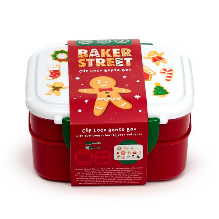 Puckator Christmas Baker Street Gingerbread Clip Lock Stacked Bento Lunch Box with Cutlery