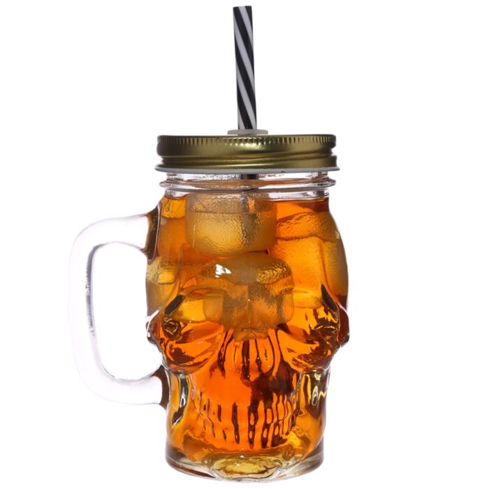 Puckator Glass Skull Drinking Jar with Metal Lid & Stripy Straw
