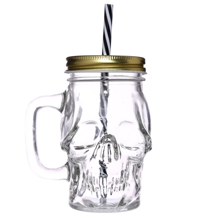 Puckator Glass Skull Drinking Jar with Metal Lid & Stripy Straw