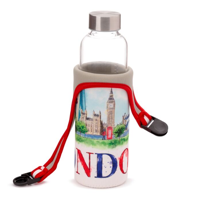 Puckator London Tour Glass Water Bottle with Protective Sleeve