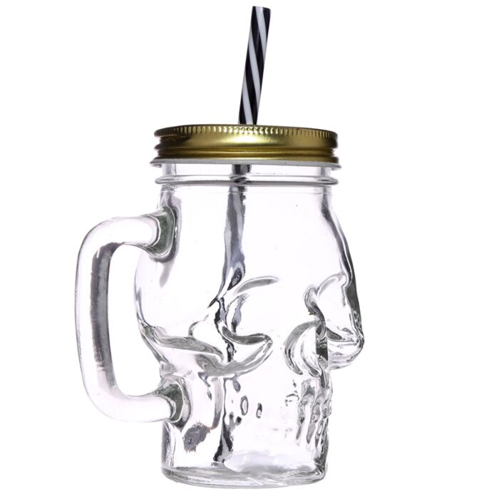 Puckator Glass Skull Drinking Jar with Metal Lid & Stripy Straw