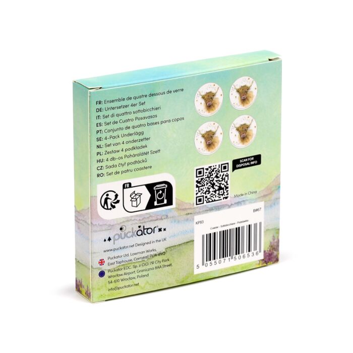 Puckator Jan Pashley Highland Coo Set of 4 Cork Coasters