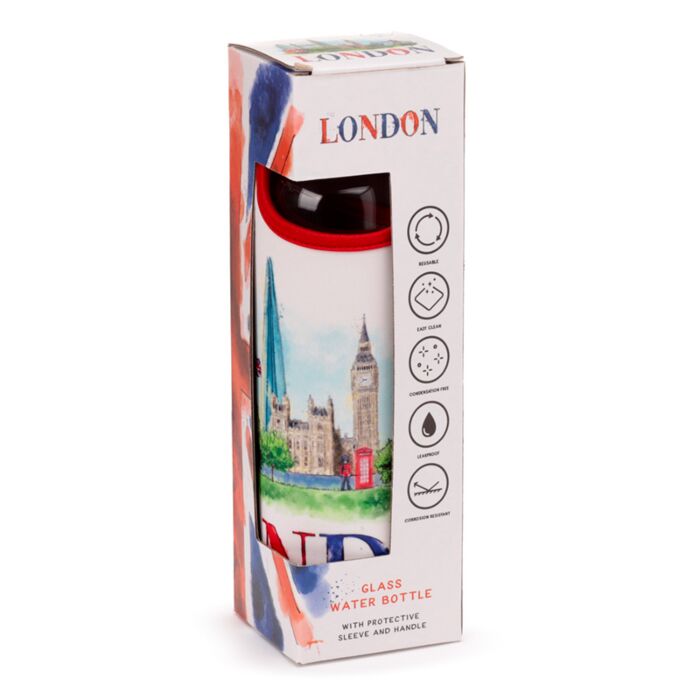 Puckator London Tour Glass Water Bottle with Protective Sleeve
