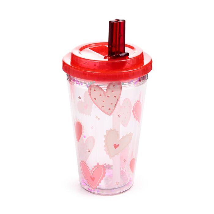 Puckator Shatterproof Amore Hearts Double Walled Cup & Straw