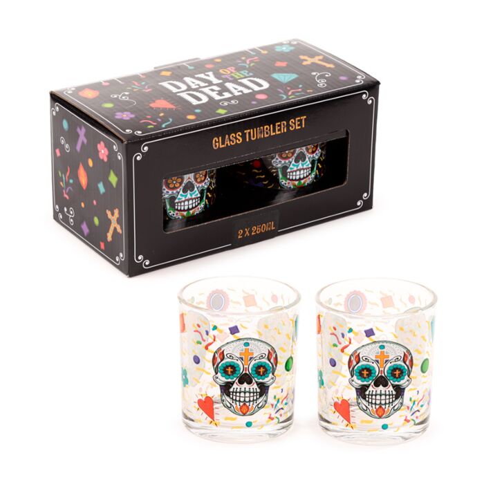 Puckator Day of the Dead Set of 2 Glass Tumblers 250ml