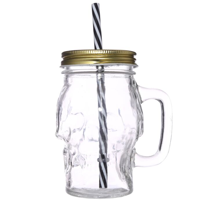 Puckator Glass Skull Drinking Jar with Metal Lid & Stripy Straw