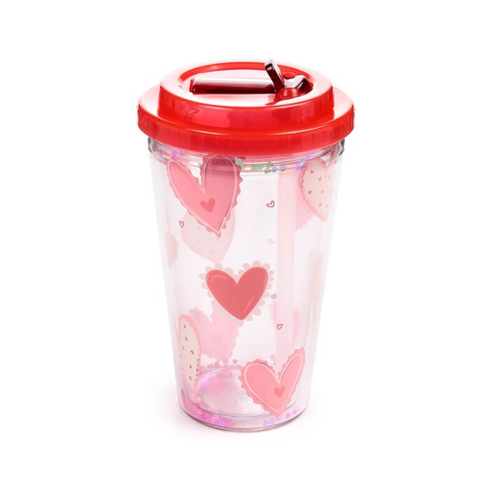 Puckator Shatterproof Amore Hearts Double Walled Cup & Straw