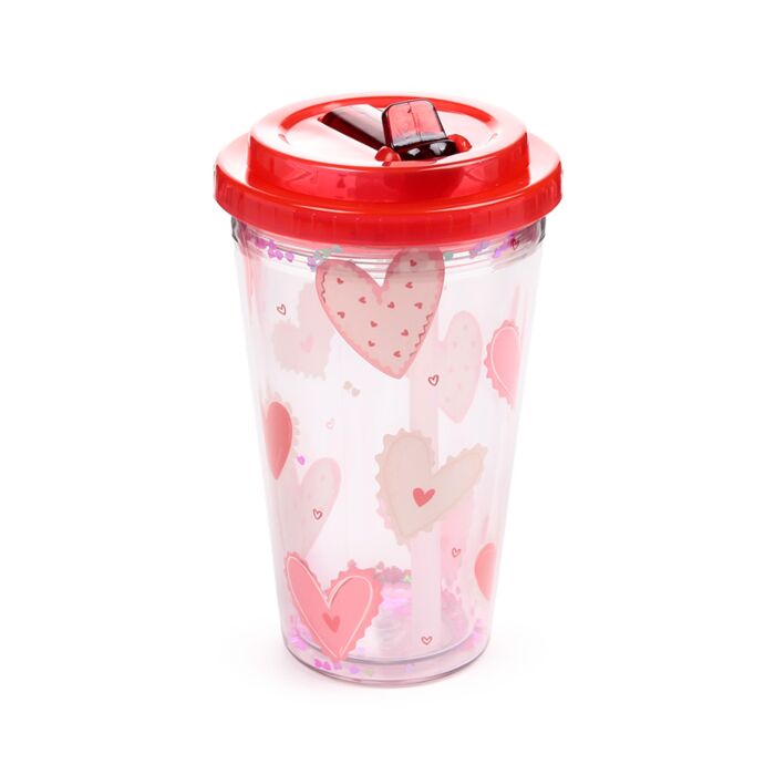 Puckator Shatterproof Amore Hearts Double Walled Cup & Straw