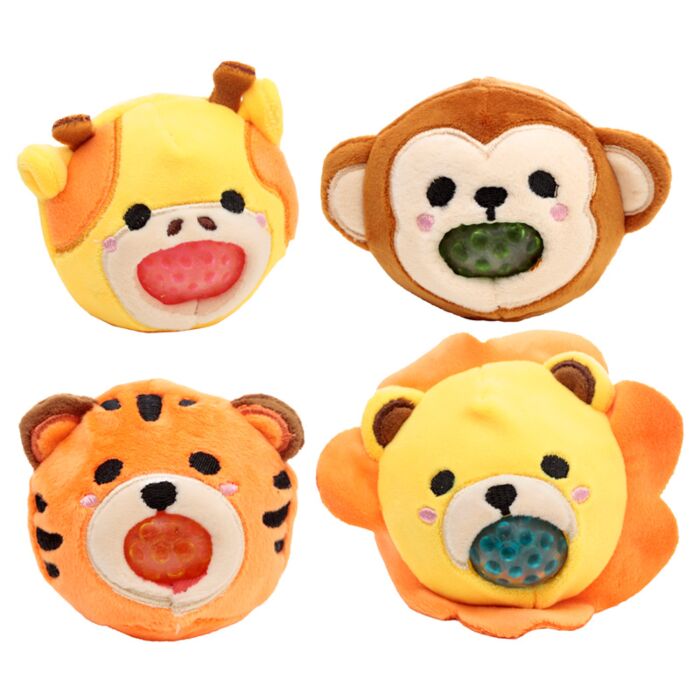 Puckator Queasy Squeezies Adoramals Lion, Giraffe, Monkey, Tiger Plush Squeezy Toy
