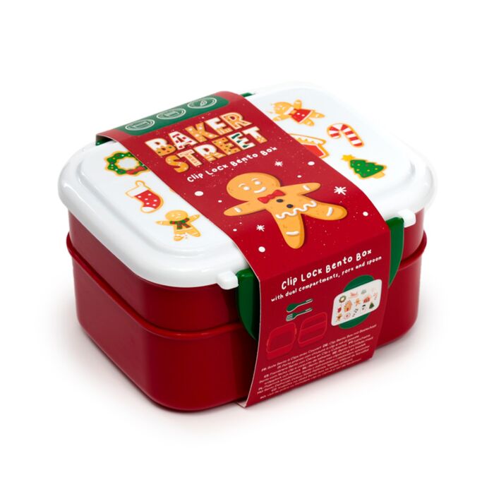 Puckator Christmas Baker Street Gingerbread Clip Lock Stacked Bento Lunch Box with Cutlery