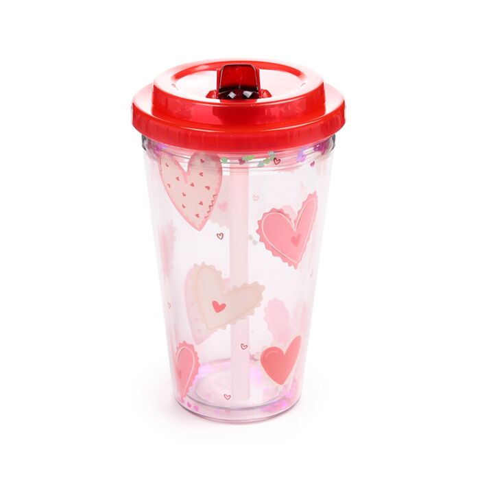 Puckator Shatterproof Amore Hearts Double Walled Cup & Straw
