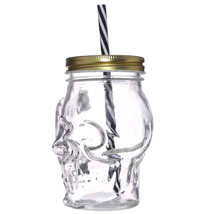 Puckator Glass Skull Drinking Jar with Metal Lid & Stripy Straw