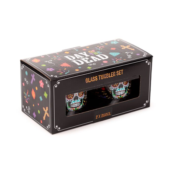 Puckator Day of the Dead Set of 2 Glass Tumblers 250ml