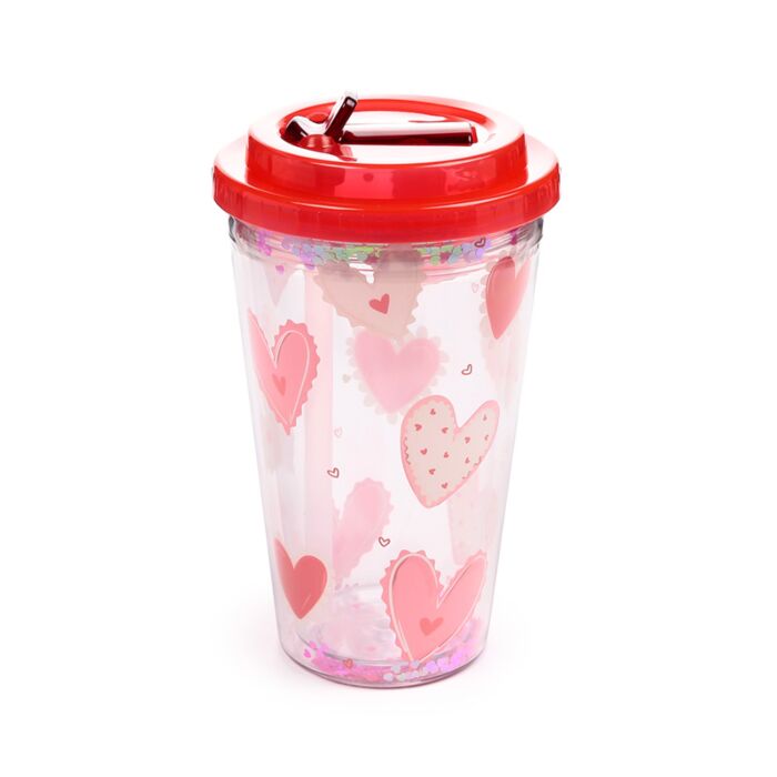 Puckator Shatterproof Amore Hearts Double Walled Cup & Straw