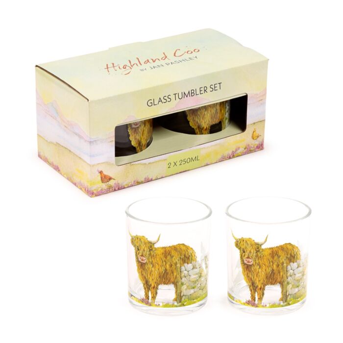 Puckator Jan Pashley Highland Coo Set of 2 Glass Tumblers 250ml