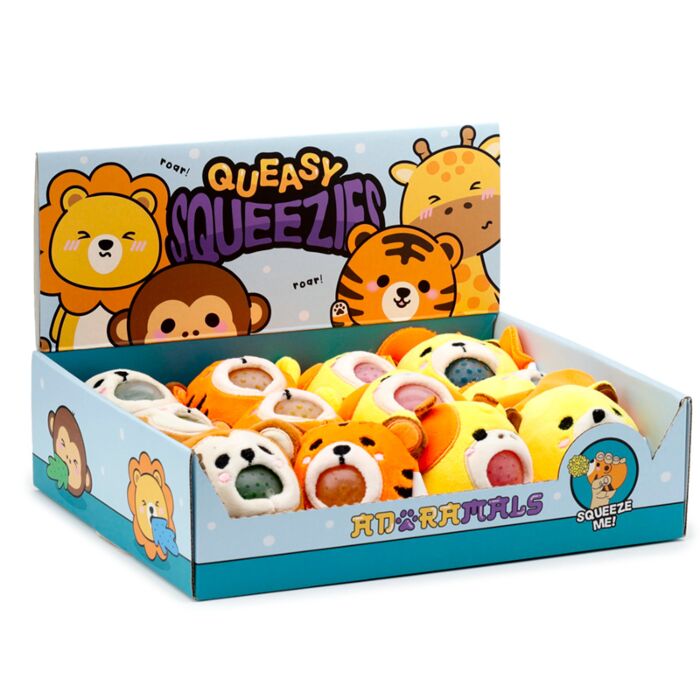 Puckator Queasy Squeezies Adoramals Lion, Giraffe, Monkey, Tiger Plush Squeezy Toy