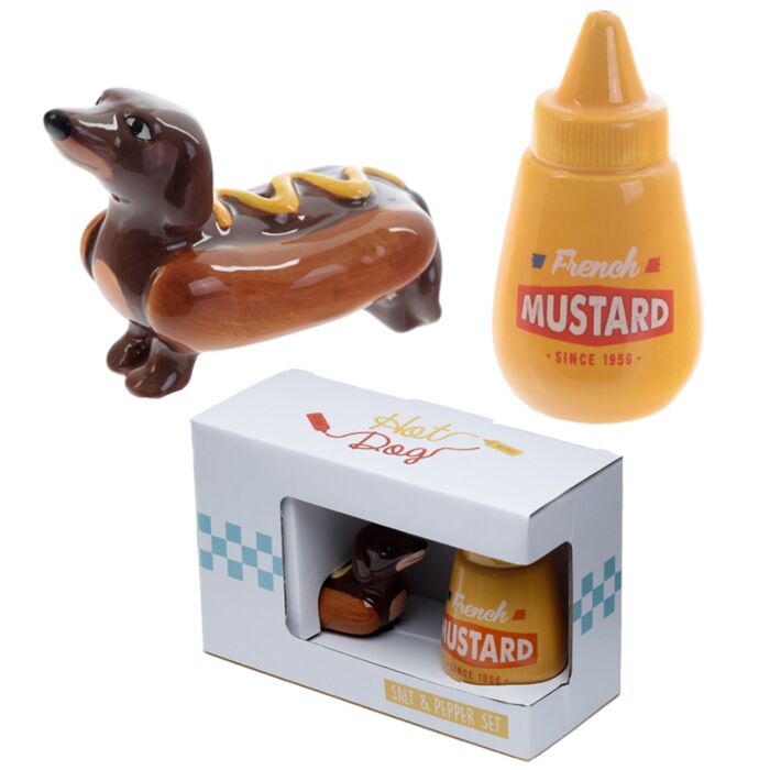 Puckator Sausage Dog in a Bun & Mustard Fast Food Ceramic Salt & Pepper Set