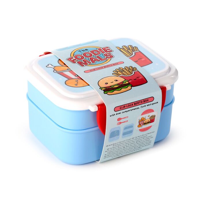 Puckator Foodiemals Clip Lock Stacked Bento Lunch Box with Cutlery